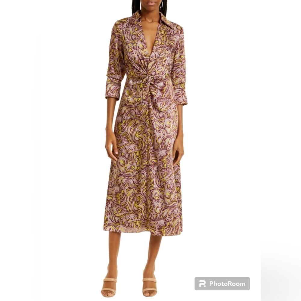cinq a sept Dayna Size 10 Purple Artsy Collared Ruched Twist Waist Midi Dress